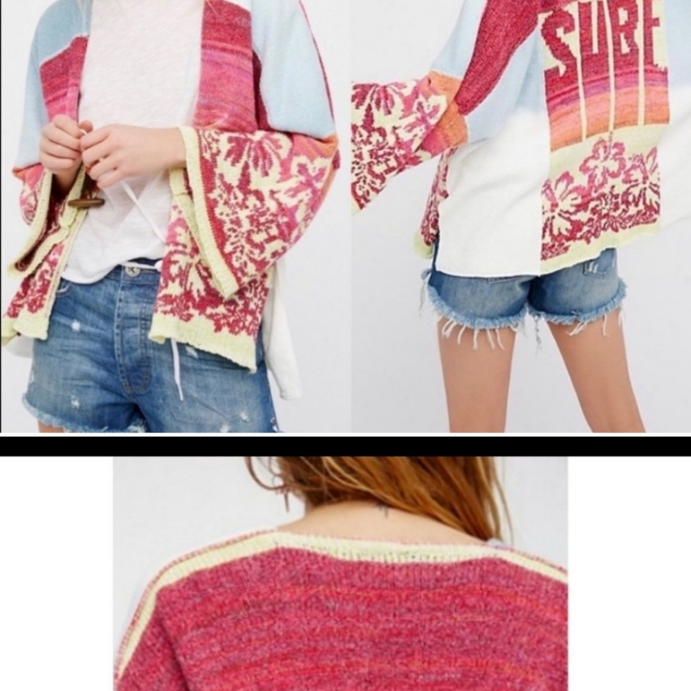 Free People Surf Sweater Kimono Style Hawaiian Print Size XS/S Multi Color